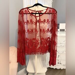 Daytrip Sheer Lace Top M Red boHo festival crop top for layering